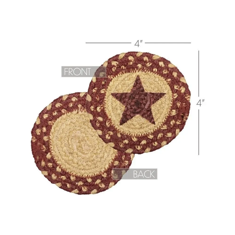 NEW! Primitive Burgundy Star Jute Braided Coaster Set of Six Farmhouse Country